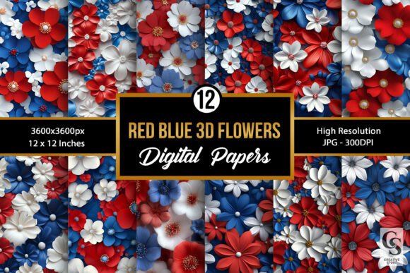 Red Blue White 3D Floral Pattern: Vibrant, Versatile & Ready for Your Creative Projects