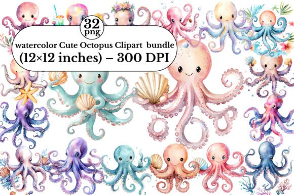 Watercolor Cute Octopus Clipart Bundle